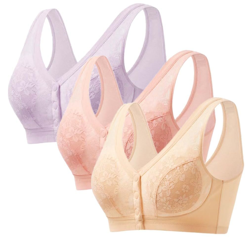 3 Pack Womens Pure Cotton Comfort Front Snap Lace Close Seamless Builtup Sport Cozy Bra (US, Cup Band, B, 34, Pink/Beige/Purple)