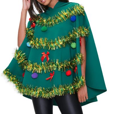 RUIWANBBY Christmas Tree Poncho Costume for Women Bow Ball Shining Decor Hooded Cloak Cape Xmas Cosplay Dress Up Outfit (Green, XL)