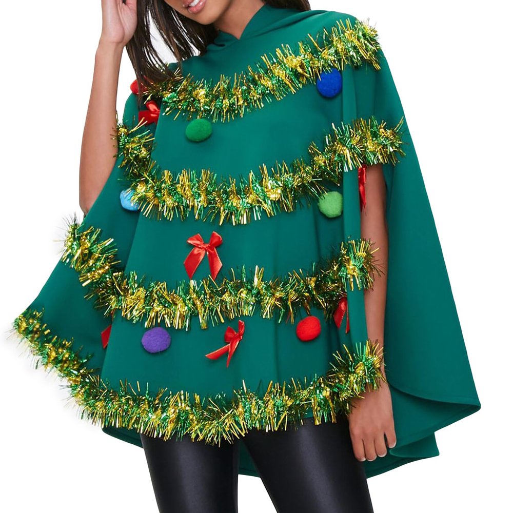 RUIWANBBY Christmas Tree Poncho Costume for Women Bow Ball Shining Decor Hooded Cloak Cape Xmas Cosplay Dress Up Outfit (Green, XL)
