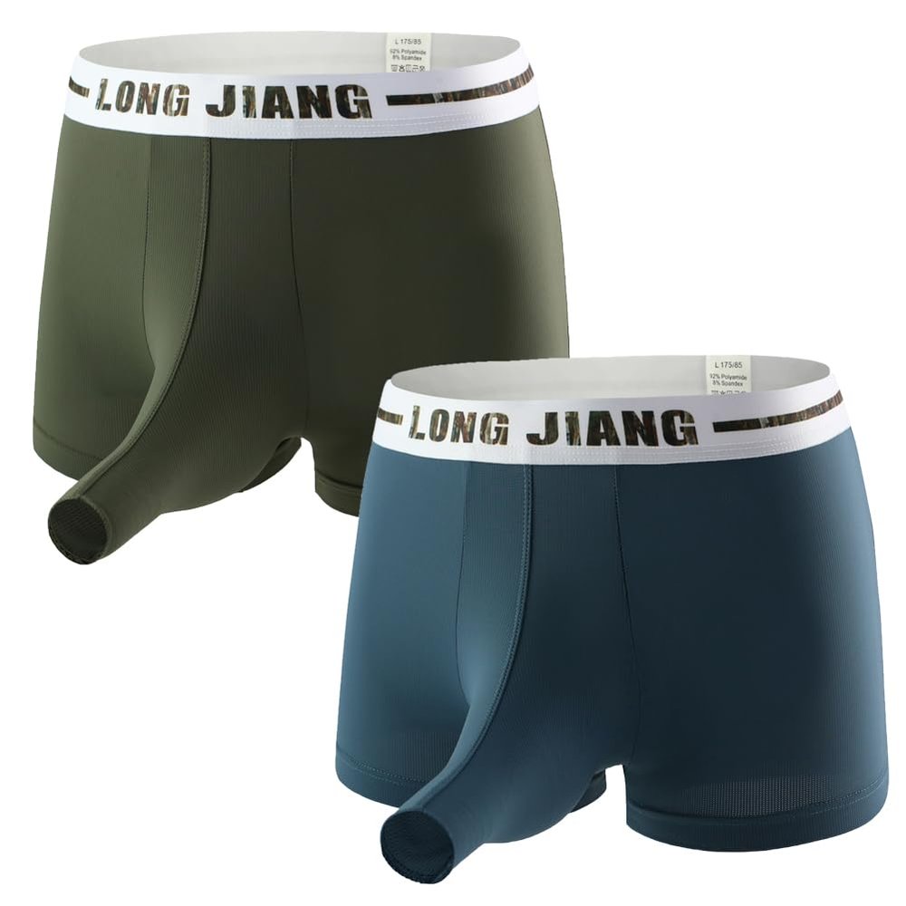 Cerahome Men's Ice Silk Boxer Briefs Elephant Nose Trunks Separated Pouch Breathable Underwear Boxers (US, Alpha, Large, Regular, Regular, Green+Dark Blue)