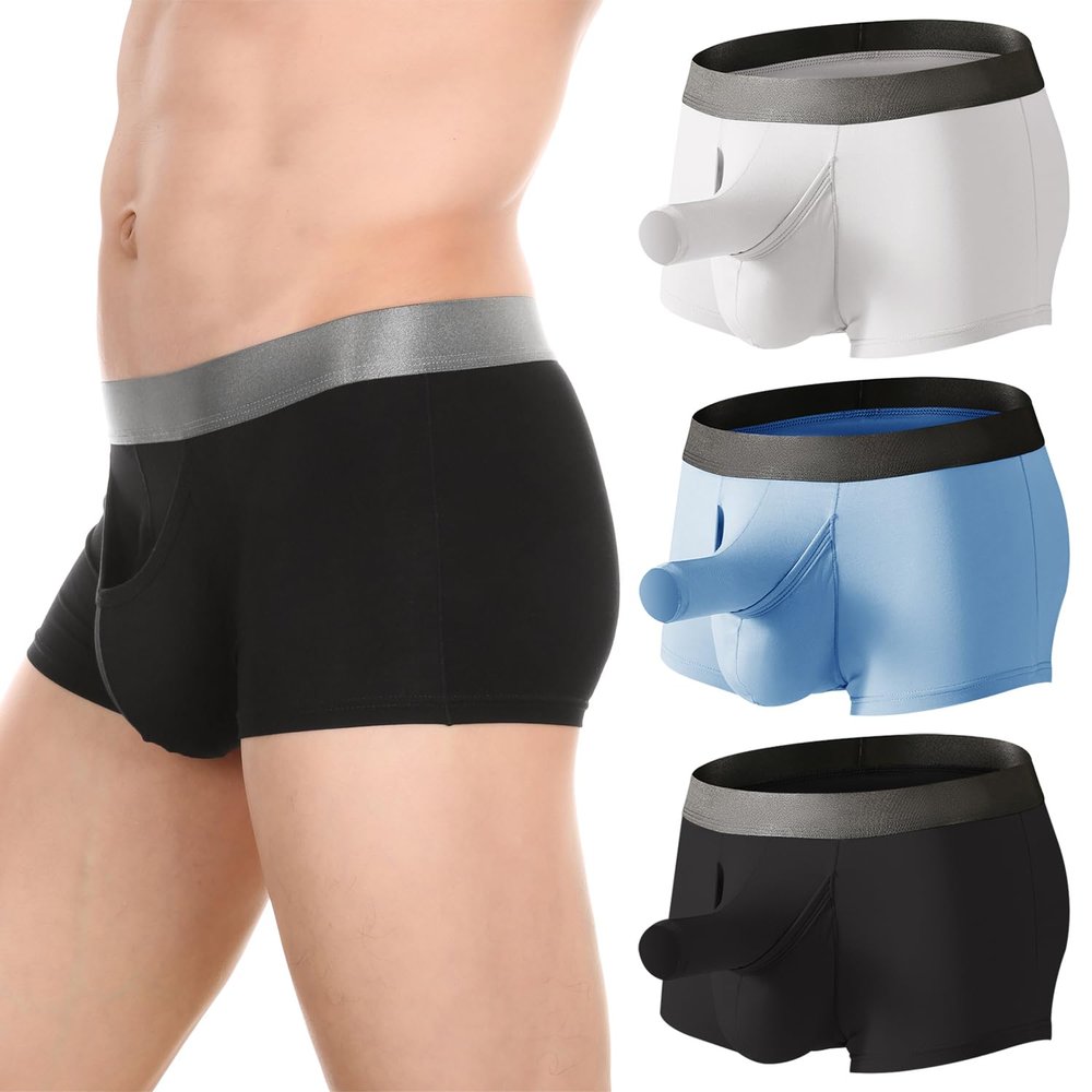 Cerahome Men's Underwear Separated Pouch Modal Boxer Briefs Elephant Nose Turnks Tagless Boxers (US, Alpha, XX-Large, Regular, Regular, Black+White+Blue)