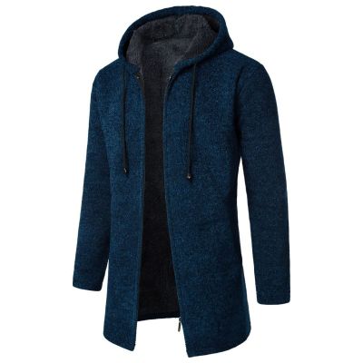 Mens Long Cardigan Hoodies Sweater Fleece Lined Zip Hoodies Casual Thickened Knit Cardigan Sweater Jacket with Pocket