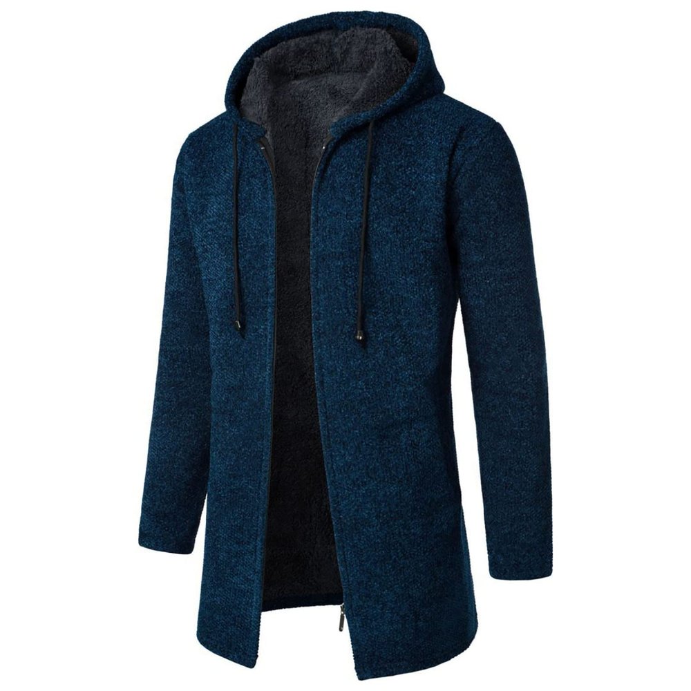 Mens Long Cardigan Hoodies Sweater Fleece Lined Zip Hoodies Casual Thickened Knit Cardigan Sweater Jacket with Pocket
