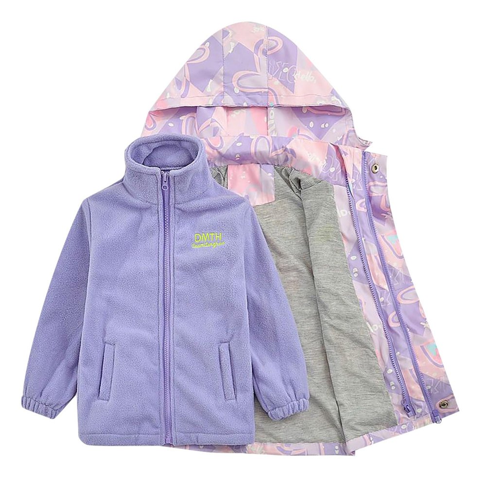 Kids Girl Jacket Waterproof 3 in 1 Insulated Windbreaker Detachable Liner Fleece Lightweight Coat (Purple, 6-7 Years)