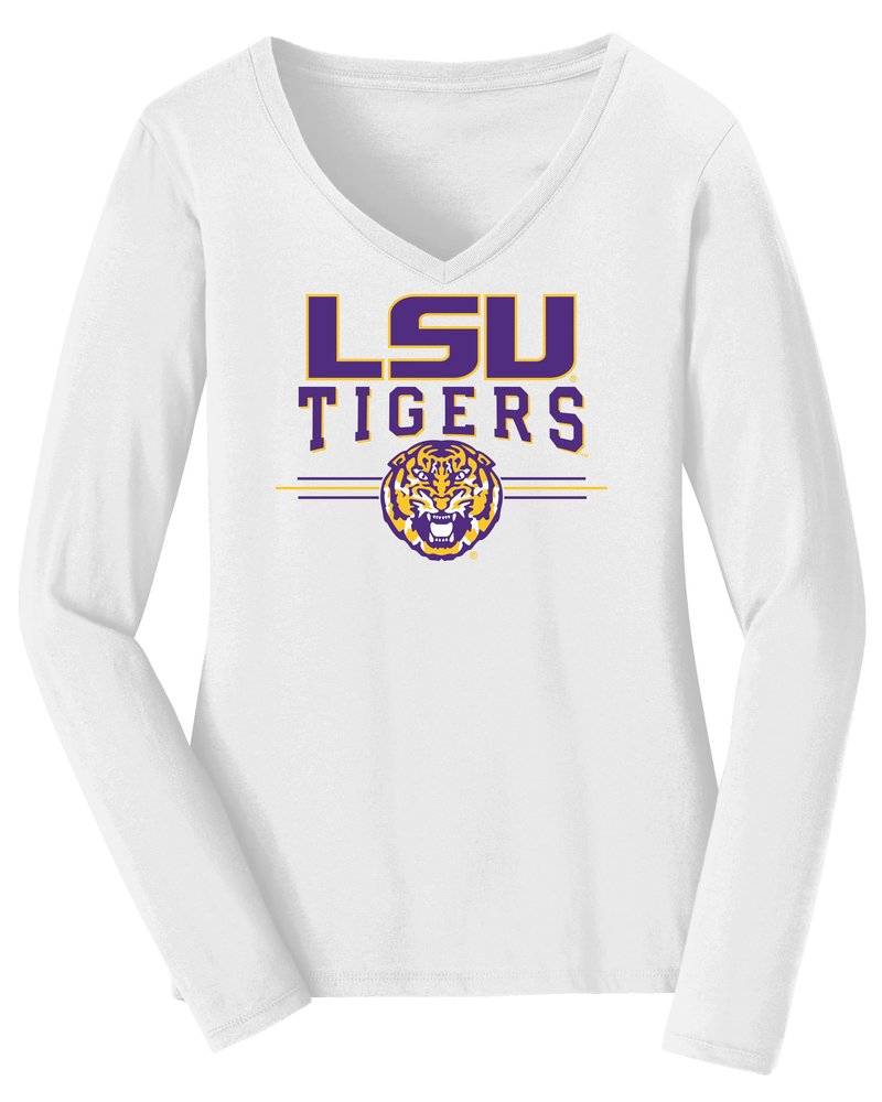 CornBorn Womens LSU Tigers Tee Shirt - Long Sleeve V-Neck LSU Tigers 3-Stripe - White - 3X