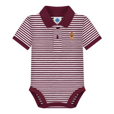 Creative Knitwear College Baby Striped Polo Bodysuit - Arizona State Pitchfork Logo, Maroon/White, for Boys & Girls, 12 Months