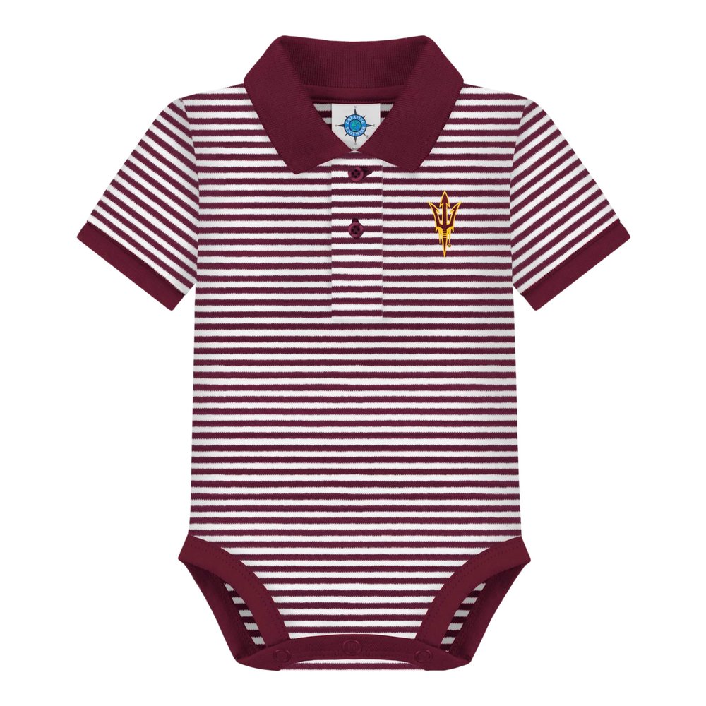Creative Knitwear College Baby Striped Polo Bodysuit - Arizona State Pitchfork Logo, Maroon/White, for Boys & Girls, 12 Months