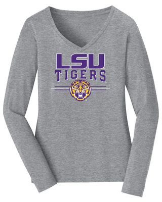 CornBorn Womens Plus Size LSU Tigers Tee Shirt - Long Sleeve 3-Stripe LSU Tigers - Gray - 4X