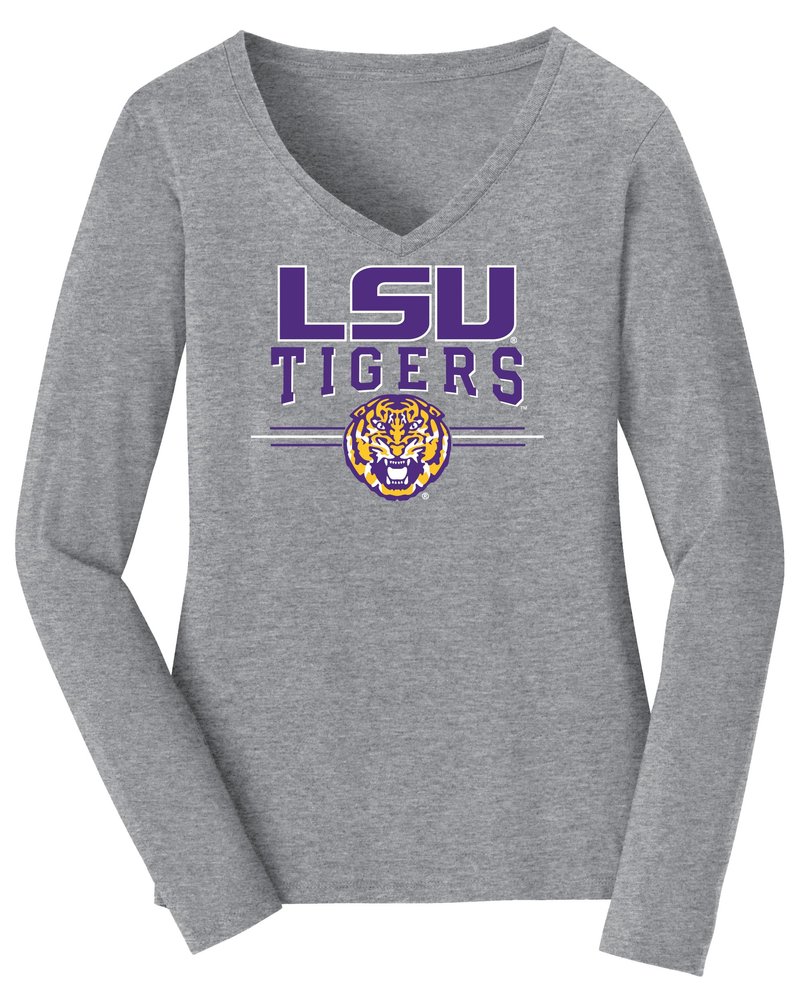 CornBorn Womens Plus Size LSU Tigers Tee Shirt - Long Sleeve 3-Stripe LSU Tigers - Gray - 4X