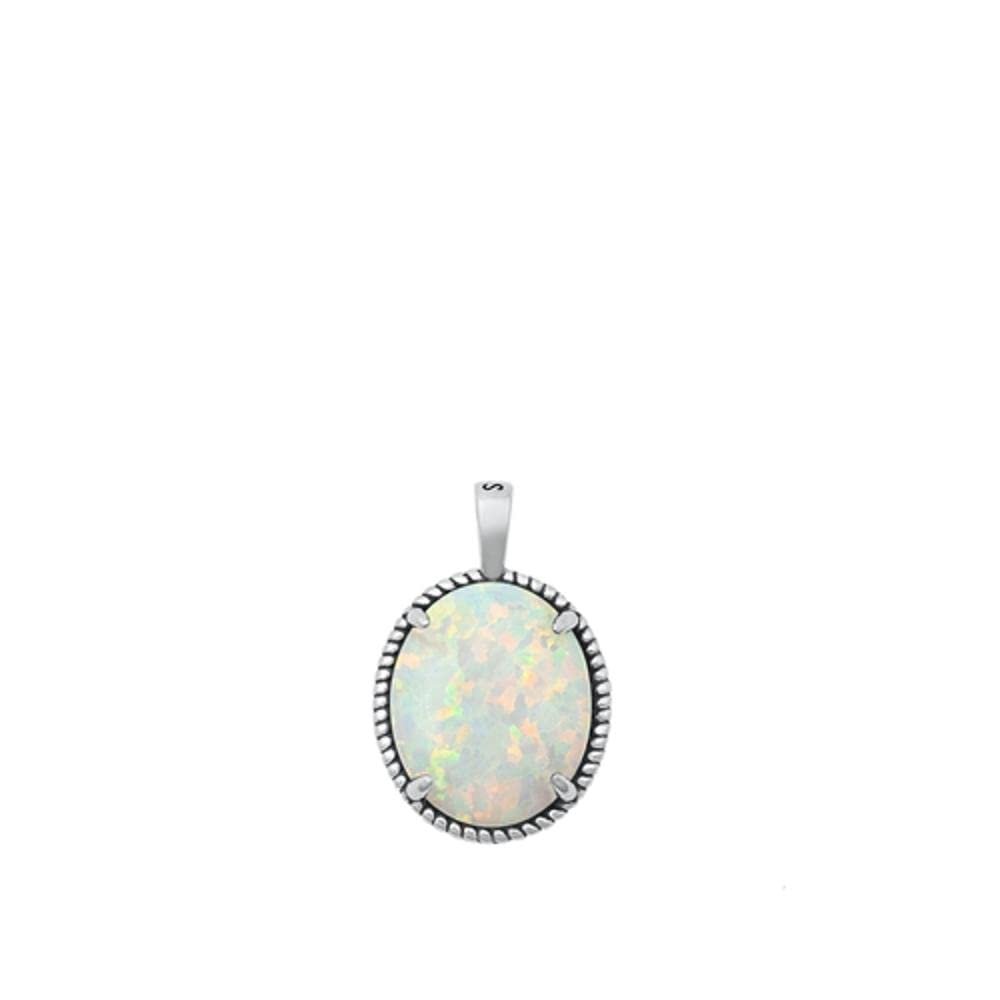 Sterling Silver Classic White Simulated Opal Pendant Vintage Solitarie Charm