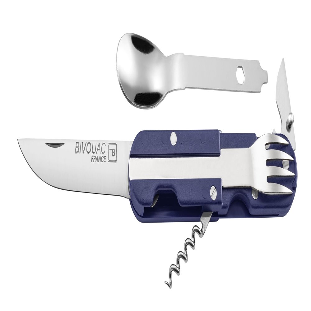 TB Outdoor Bivouac Multi Tool Blue Multifunction Knife Made in France Camp Utensil Set