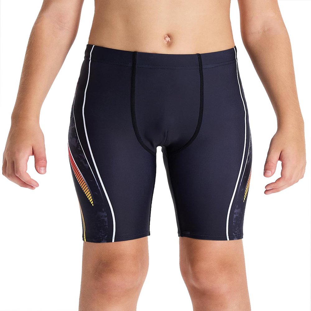 DEVOROPA Boys' Swim Jammers Youth Competitive Swim Team Suit Quick Dry Athletic Swimming Shorts UPF 50+ Black Colorful XS