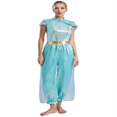 Alvivi Women's Arabian Princess Costume Belly Dance Fancy Dress One Piece Outfit Silk Fairy Jumpsuit Light Blue Medium