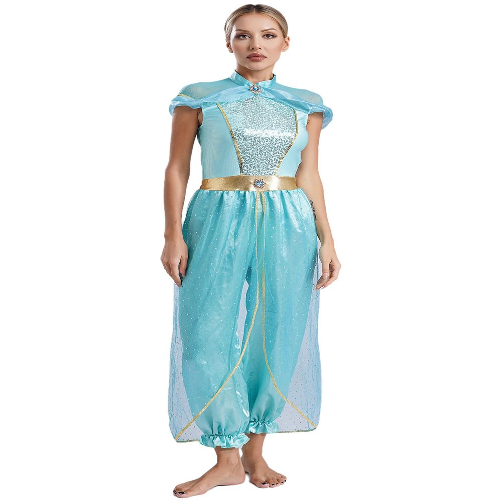 Alvivi Women's Arabian Princess Costume Belly Dance Fancy Dress One Piece Outfit Silk Fairy Jumpsuit Light Blue Medium