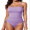 Aleumdr Ribbed One Piece Swimsuits for Women Tummy Control Tie Side High Cut Ruched Drawstring Bathing Suits Printed Wisteria Purple Small view 1