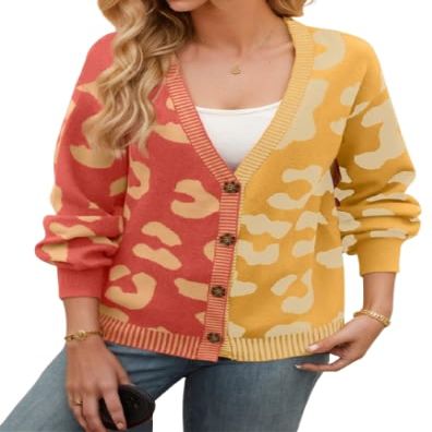 TIAFORD Women's Oversized Color Block Cardigan Sweaters Casual Leopard Print Long Sleeve Button Down Open Front Sweater Loose Knit Outerwear