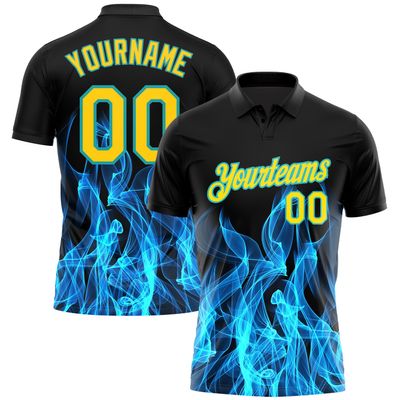 Black Golf Polo Shirts with Blue Fire Pattern, Custom Tennis Bowling Short Shirts for Men Women Youth Boys, Design Your Own Team Jersey Sports Uniform with Name Logo Number Print