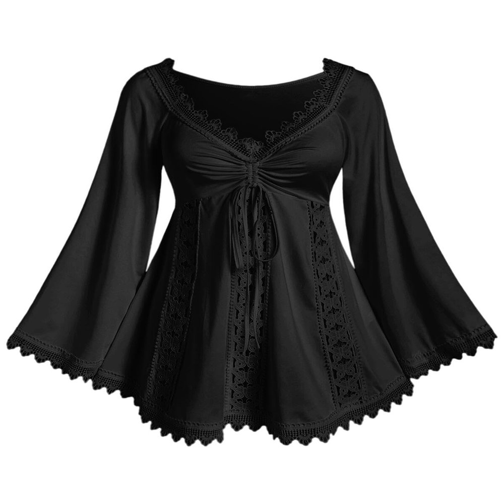 ROSE GAL Women Plus Size Renaissance Peasant Blouses Lace Trim Hollow Out Cinched Bell Trumpet Sleeves Pirate Costume Top Medieval Victorian Costume(Black_1/2X)