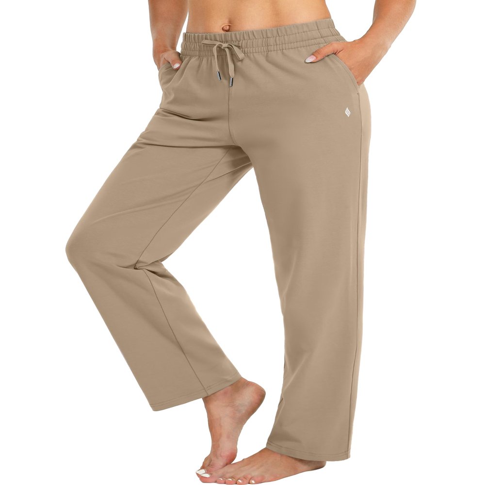 SANTINY Women's Cotton Sweatpants Yoga Lounge Casual Pants Open Bottom Sweat Pants for Women with Pockets (Light Brown_L)