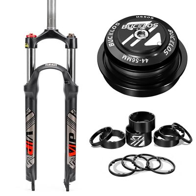 BUCKLOS 26inch MTB QR Crown Suspesion Fork & 44-56mm Black Headset & 11PCS Aluminium Alloy Spacers Black