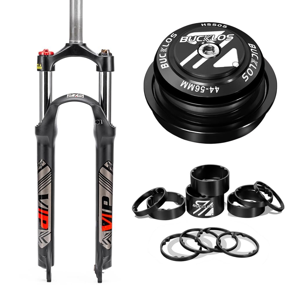 BUCKLOS 26inch MTB QR Crown Suspesion Fork & 44-56mm Black Headset & 11PCS Aluminium Alloy Spacers Black