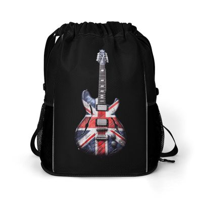 FunnyStar Vintage Guitar British Jack Union Flag Drawstring Backpack Waterproof Sackpack Sports Gym String Bag with Shoes Compartment