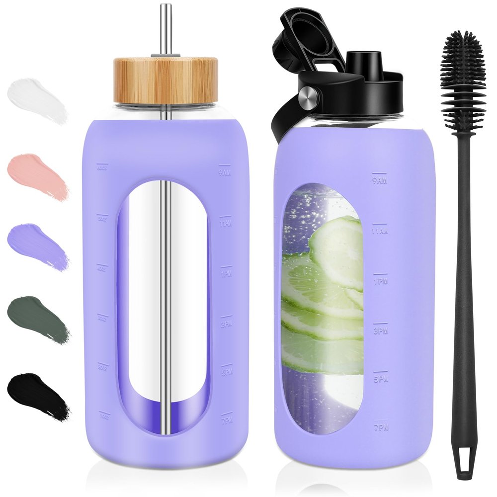 FULBEVY Glass Water Bottles 64 oz - Half Gallon Large Motivational Daily Water Intake Bottle Time Marker - Glass Water Bottle With Straw, Silicone Sleeve 2 Lids, Handle Spout & Bamboo Lid(Purple)