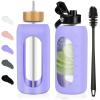 FULBEVY Glass Water Bottles 64 oz - Half Gallon Large Motivational Daily Water Intake Bottle Time Marker - Glass Water Bottle With Straw, Silicone Sleeve 2 Lids, Handle Spout & Bamboo Lid(Purple) view 1