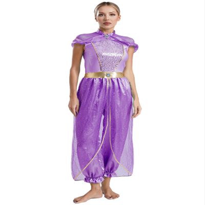 Alvivi Women's Arabian Princess Costume Belly Dance Fancy Dress One Piece Outfit Silk Fairy Jumpsuit Purple 4X-Large