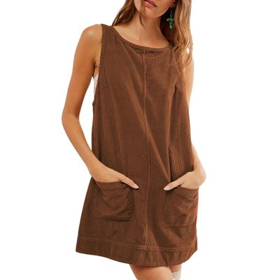Women's Corduroy Overall Dress Round Neck Sleeveless A Line Skirtall Jumper Mini Dress Pinafore with Pockets
