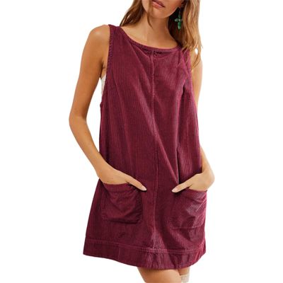 Women's Corduroy Overall Dress Round Neck Sleeveless A Line Skirtall Jumper Mini Dress Pinafore with Pockets
