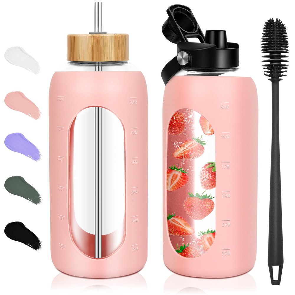 FULBEVY Glass Water Bottles 64 oz - Half Gallon Large Motivational Daily Water Intake Bottle Time Marker - Glass Water Bottle With Straw, Silicone Sleeve 2 Lids, Handle Spout & Bamboo Lid(Pink)