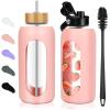 FULBEVY Glass Water Bottles 64 oz - Half Gallon Large Motivational Daily Water Intake Bottle Time Marker - Glass Water Bottle With Straw, Silicone Sleeve 2 Lids, Handle Spout & Bamboo Lid(Pink) view 1