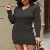 AGYMNX Women's 2024 Fall Sweater Dress Long Sleeve V Neck Cable Knit Chunky Bodycon Pullover Jumper Sweaters Short Dress Black M view 2