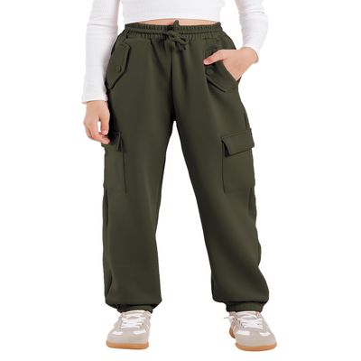Hvididan Cargo Pants Joggers for Girls, Quick Dry Casual Kids Girls Hiking Parachute Pants Slim Fit with Pockets and Drawstring, Lightweight High Waisted Trousers, Army Green Size 9-10 Years