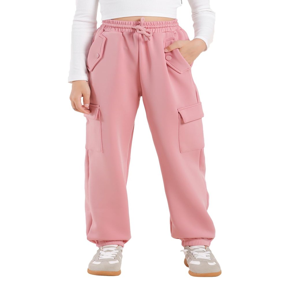 Hvididan Cargo Pants Joggers for Girls, Quick Dry Casual Kids Girls Hiking Climbing Pants Slim Fit with Pockets and Drawstring, Lightweight High Waisted Trousers, Pink Size 9-10 Years