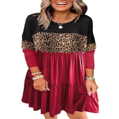 AIMITAG Leopard Color Block Ruffled Mini Dress Womens Fall Casual Long Sleeve Flowy Dress Leopard Print Splicing Sleeve Dress (Medium,Red4)