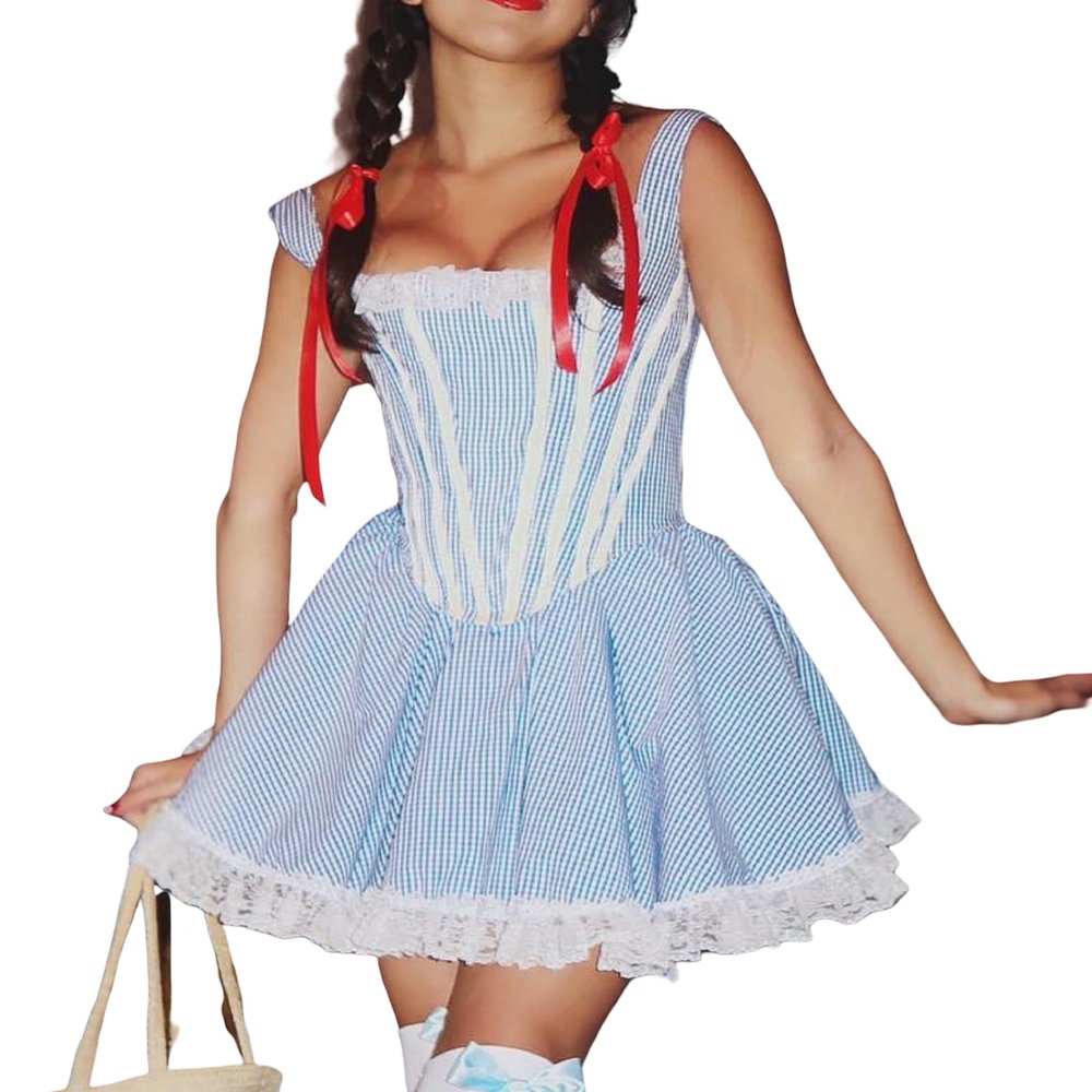 Aonoapll Women Dorothy Dress Costume Gingham Lace Hem Mini Dress Halloween Cosplay Blue Plaid Fairytale Dress(Corset Blue,Medium)