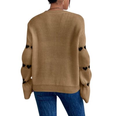 Women's Cute Heart Embroidery Pullover Sweater Crewneck Long Sleeve Drop Shoulder Cropped Knit Tops Y2K Loose Graphic Valentines Day Sweaters, M, Medium B Brown