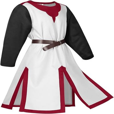 ARTIZANSTORE Medieval Tunic Cosplay Costume Halloween Round Neck Long Sleeve Renaissance Vintage Party Stage Performance Suit (White)