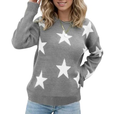 Womens Star Pattern Knitted Sweaters Casual Oversized Crewneck Long Sleeve Sweater Loose Drop Shoulder Pullover Tops