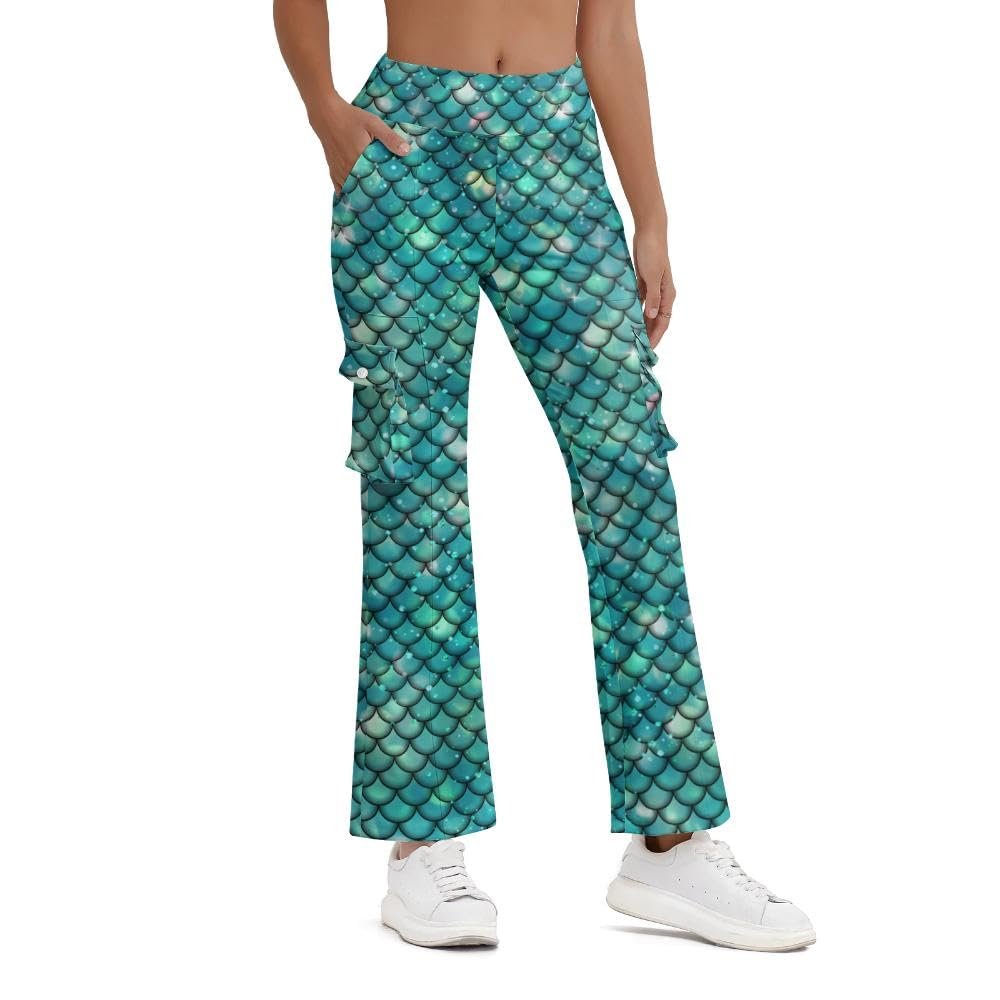 Yfduk Flare Leggings for Womens Green Fish Scale Cargo Leggings High Waist Workout Yoga Cargo Pants Halloween Costume Tights