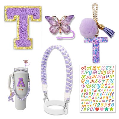 Stanley Cup Accessories Set - 30oz & 40oz Water Bottle Handle Strap, Letter Charms, Sticker & Butterfly Straw Topper (Purple)