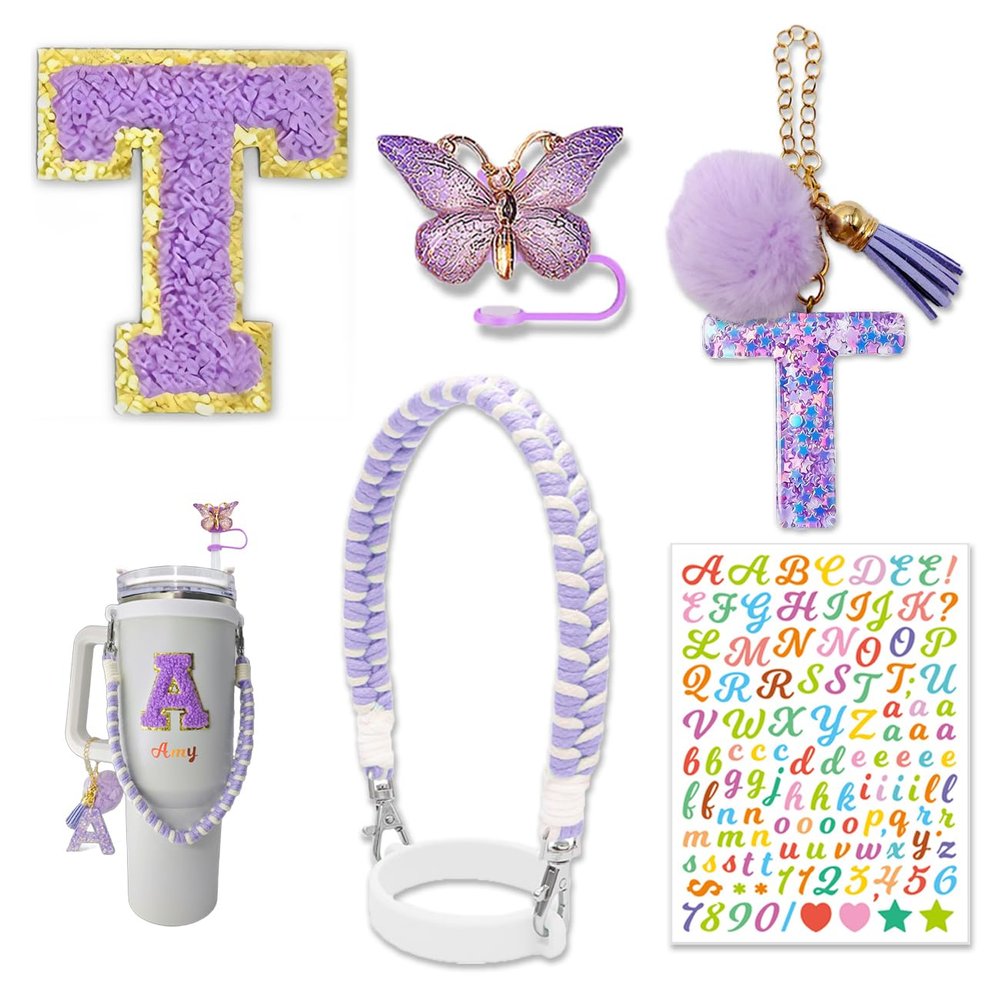 Stanley Cup Accessories Set - 30oz & 40oz Water Bottle Handle Strap, Letter Charms, Sticker & Butterfly Straw Topper (Purple)