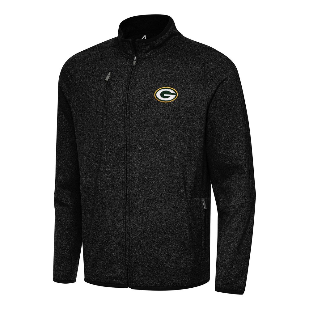 Antigua Men's Heather Black Green Bay Packers Hold-Up Tri-Blend Full-Zip Jacket