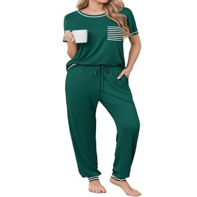 Ekouaer womens pajama sets Short Sleeve Pjs Lounge Set 2 Piece Sleepwear with Long Pants,Evergreen,Medium