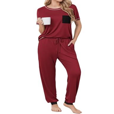 Ekouaer womens pajama sets Short Sleeve Pjs Lounge Set 2 Piece Sleepwear with Long Pants,Burgundy,Medium