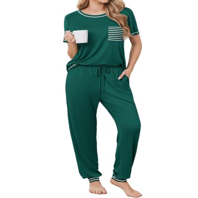 Ekouaer womens pajama sets Short Sleeve Pjs Lounge Set 2 Piece Sleepwear with Long Pants,Evergreen,Large