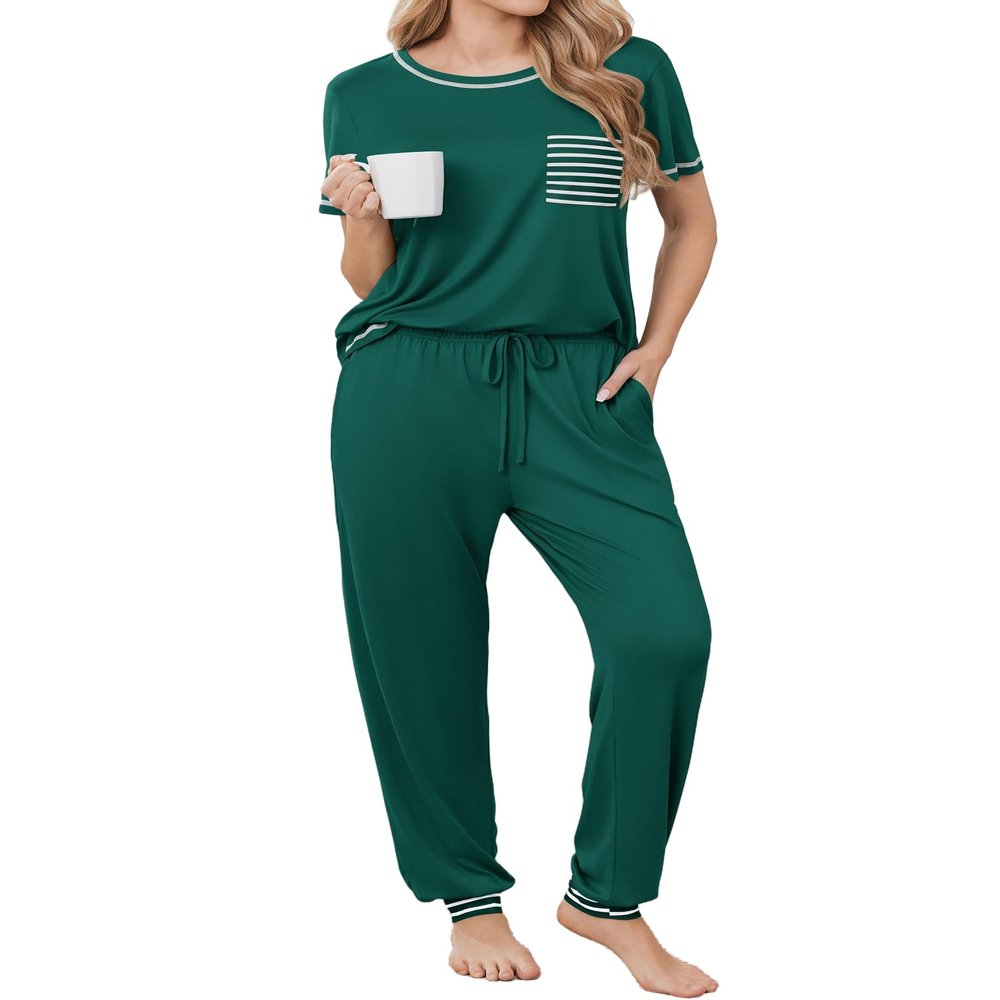 Ekouaer womens pajama sets Short Sleeve Pjs Lounge Set 2 Piece Sleepwear with Long Pants,Evergreen,Large