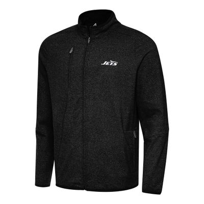 Antigua Men's Heather Black New York Jets Hold-Up Tri-Blend Full-Zip Jacket